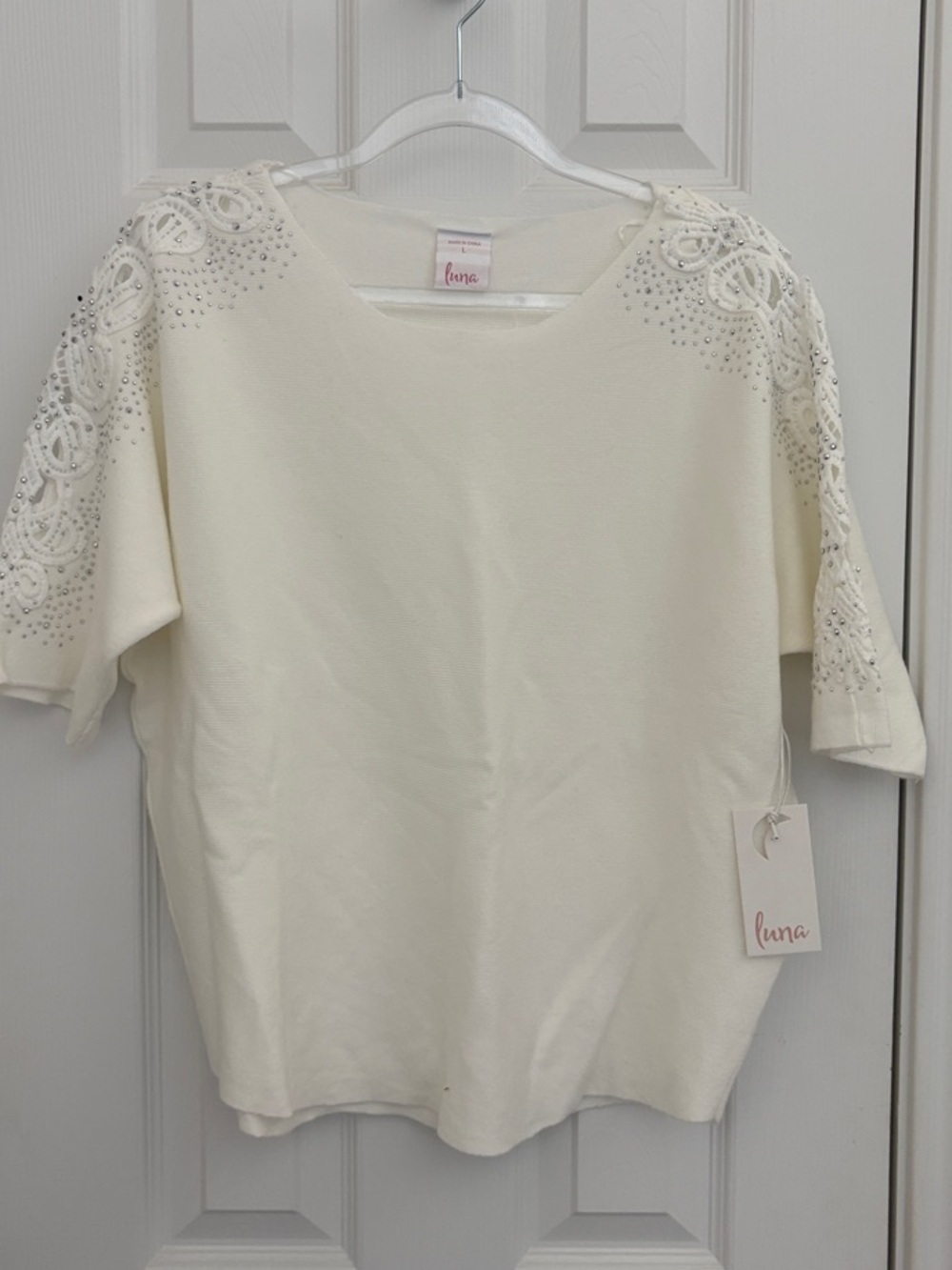 Luna Cream Short-Sleeve Top with Embellished Lace Shoulders